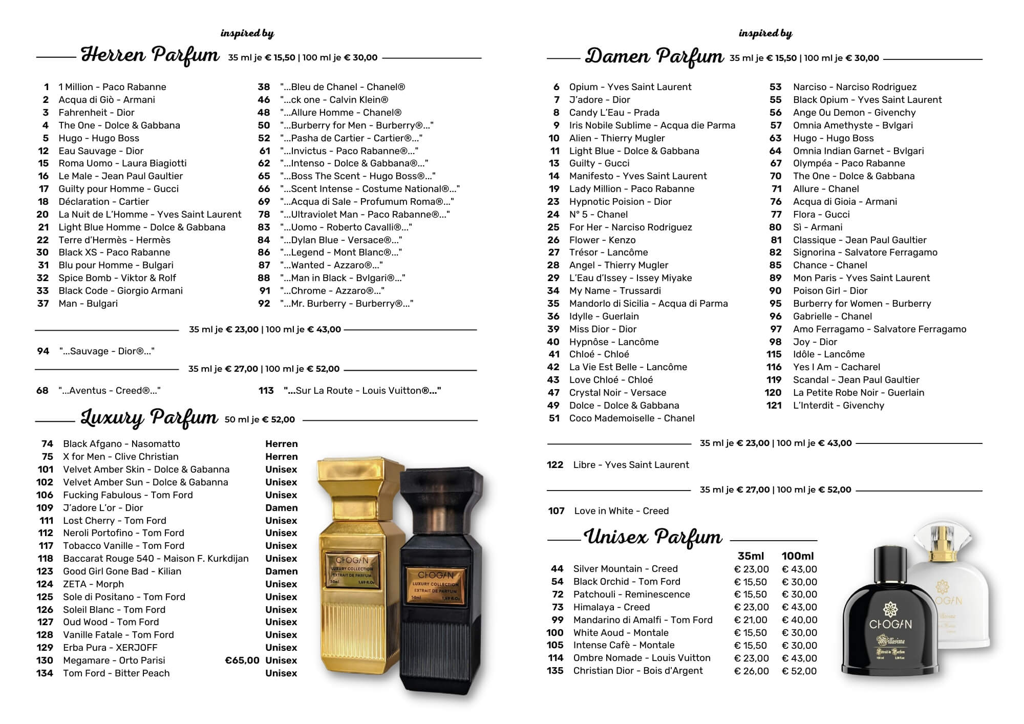 Chogan Parfum Liste Offizielle Preisliste von Chogan